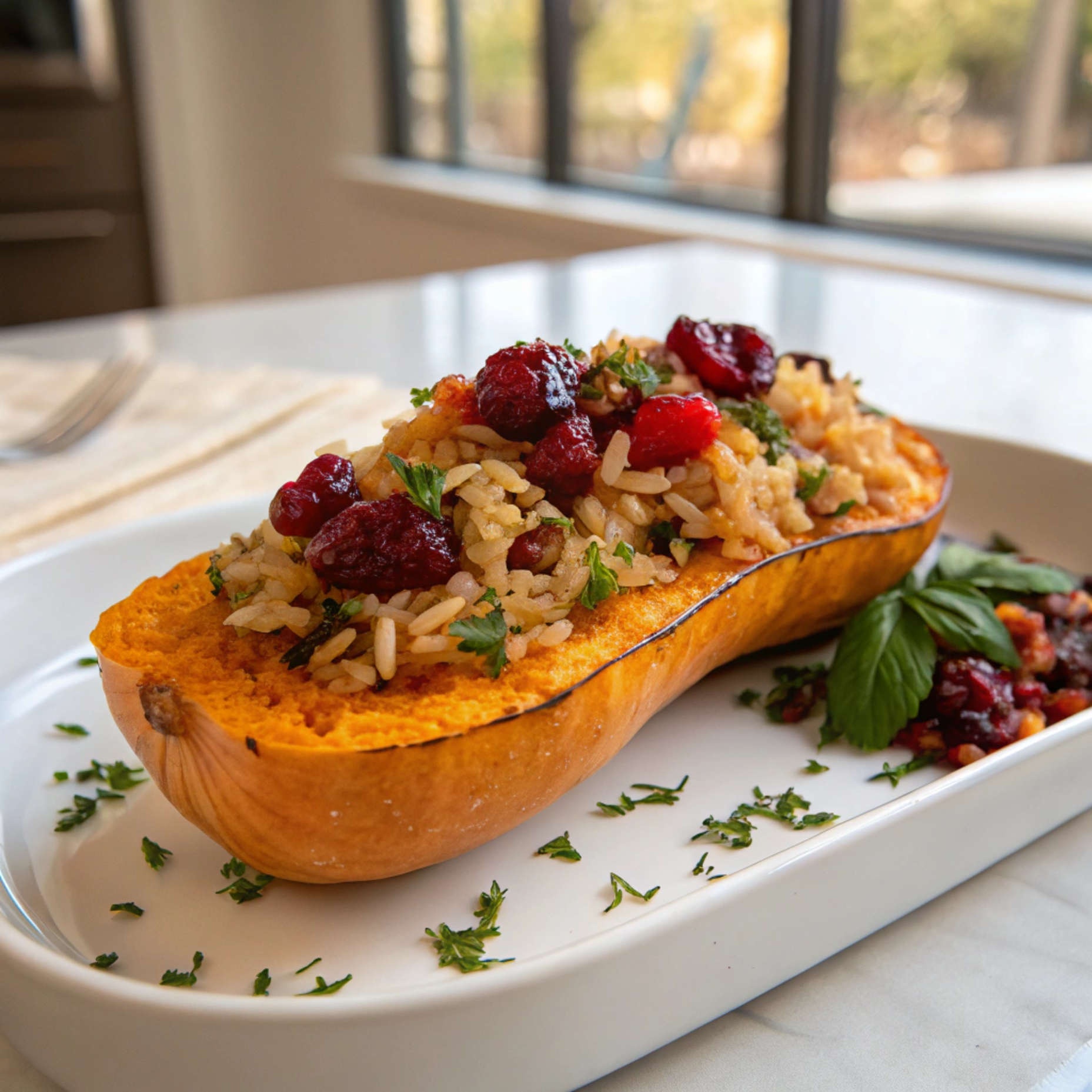 Stuffed Butternut Squash with Cranberry Rice The Story & Intro I’ll never forget the first time I roasted a butternut squash—it was a chilly autumn evening in Crete, and the aroma of warm spices filled the kitchen. I wanted a dish that felt cozy and festive, but still healthy and vibrant. That’s how I came up with stuffed butternut squash with cranberry rice, a colorful, flavorful dish that combines tender roasted squash with nutty rice, sweet cranberries, and a hint of herbs. This recipe has become my go-to when I want something hearty, vegetarian-friendly, and perfect for sharing. The combination of sweet, savory, and slightly tart flavors makes it irresistible. It’s not just a meal—it’s a celebration of autumn and a dish that brings people together. Whether you’re hosting a dinner party or preparing a weeknight meal, this stuffed butternut squash with cranberry rice is bound to impress. Ingredients For this delightful, festive dish, you’ll need: 2 medium butternut squashes, halved and seeds removed 1 cup long-grain rice (or wild rice blend) 2 tablespoons olive oil 1 small onion, finely chopped 2 cloves garlic, minced 1/2 cup dried cranberries 1/4 cup chopped walnuts or pecans 1 teaspoon ground cinnamon 1/2 teaspoon ground nutmeg 2 tablespoons fresh parsley, chopped 2 cups vegetable broth Salt and pepper, to taste The sweet cranberries paired with nutty rice and warm spices make this stuffed squash a standout dish for any occasion. Midjourney Image Prompt – Ingredients Image: Prompt: “Rustic kitchen counter with halved butternut squash, rice, cranberries, walnuts, olive oil, garlic, onions, fresh herbs, warm natural light, top-down view, cozy and inviting, highly detailed” Placement: After ingredients section SEO Alt Text: Ingredients for stuffed butternut squash with cranberry rice SEO Filename: stuffed-butternut-squash-ingredients SEO Caption: Fresh ingredients ready for making stuffed butternut squash with cranberry rice SEO Description: Butternut squash, cranberries, rice, and spices laid out for a flavorful stuffed squash Step-by-Step Instructions Step 1: Roast the Butternut Squash Preheat your oven to 400°F (200°C). Drizzle the squash halves with olive oil and season with salt and pepper. Place them cut-side down on a baking sheet and roast for 25–30 minutes, until tender and slightly caramelized. Midjourney Image Prompt – Step 1: Prompt: “Halved butternut squash roasting in oven on baking sheet, golden edges, warm light, cozy kitchen, high detail, autumn feel” Placement: After Step 1 SEO Alt Text: Roasting halved butternut squash SEO Filename: roasting-butternut-squash SEO Caption: Roasting butternut squash halves until tender and golden SEO Description: Butternut squash roasting in oven, caramelized edges, ready to be stuffed Step 2: Cook the Cranberry Rice In a medium saucepan, heat 1 tablespoon of olive oil over medium heat. Add chopped onion and garlic, sauté until translucent. Stir in rice, cinnamon, nutmeg, and vegetable broth. Bring to a boil, reduce heat, cover, and simmer for 15–20 minutes until rice is cooked. Stir in dried cranberries, walnuts, and parsley. Midjourney Image Prompt – Step 2: Prompt: “Medium saucepan with cooked rice, cranberries, onions, garlic, walnuts, herbs, steaming, cozy kitchen setting, vibrant colors, high detail” Placement: After Step 2 SEO Alt Text: Cooking cranberry rice with walnuts and herbs SEO Filename: cooking-cranberry-rice SEO Caption: Sautéed onion and garlic mixed with rice, cranberries, and nuts SEO Description: Cranberry rice with walnuts and herbs cooking in a saucepan, ready for stuffing Step 3: Stuff the Squash Once the squash is roasted, flip cut-side up. Fill each half generously with the cranberry rice mixture. Lightly drizzle with olive oil if desired. Midjourney Image Prompt – Step 3: Prompt: “Roasted butternut squash halves stuffed with cranberry rice mixture, walnuts and parsley sprinkled on top, rustic kitchen, cozy autumn vibe, high detail” Placement: After Step 3 SEO Alt Text: Stuffing roasted butternut squash with cranberry rice SEO Filename: stuffed-butternut-squash SEO Caption: Filling roasted butternut squash with cranberry rice and nuts SEO Description: Halved roasted squash stuffed with flavorful cranberry rice mixture Step 4: Bake Again Return the stuffed squash to the oven and bake for an additional 10–15 minutes to allow flavors to meld and everything to heat through. Midjourney Image Prompt – Step 4: Prompt: “Stuffed butternut squash baking in oven, cranberries glistening, golden edges, warm cozy kitchen lighting, high detail, inviting food scene” Placement: After Step 4 SEO Alt Text: Baking stuffed butternut squash SEO Filename: baking-stuffed-butternut-squash SEO Caption: Baking stuffed butternut squash to meld flavors and heat through SEO Description: Oven-baked stuffed butternut squash with cranberry rice, nuts, and herbs Serving Suggestions Serve your stuffed butternut squash with cranberry rice warm on a platter, garnished with extra parsley or a sprinkle of walnuts. Pair it with a crisp green salad or roasted vegetables for a complete autumn-inspired meal. This dish is perfect as a vegetarian main course for holiday dinners or a cozy family meal. Midjourney Image Prompt – Serving Image: Prompt: “Plated stuffed butternut squash with cranberry rice, garnished with parsley and walnuts, cozy dining table, warm natural lighting, autumn-themed, high detail, inviting presentation” Placement: Serving section SEO Alt Text: Served stuffed butternut squash with cranberry rice SEO Filename: served-stuffed-butternut-squash SEO Caption: Stuffed butternut squash plated and ready to serve SEO Description: Autumn-themed plating of stuffed butternut squash with cranberry rice and walnut garnish Conclusion Making stuffed butternut squash with cranberry rice is a simple way to bring color, flavor, and warmth to your table. With roasted squash, sweet cranberries, nutty rice, and fragrant herbs, it’s a dish that feels festive yet wholesome. Perfect for family dinners, holiday meals, or any time you want to impress without stress, this recipe celebrates the joy of cooking and sharing. It’s comforting, flavorful, and a visual treat—guaranteed to be a favorite for vegetarians and meat-eaters alike. Cooking is about memories, love, and sharing, and this dish does all three beautifully.